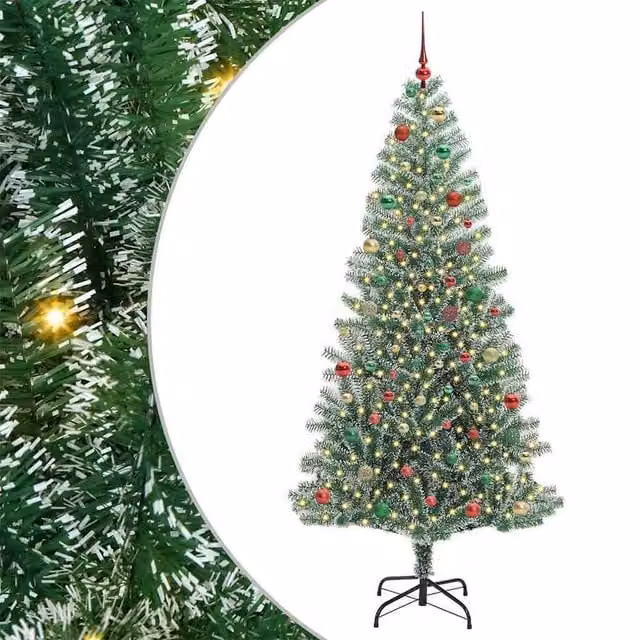 Berkfield Home Snow Flocked Artificial Christmas Tree with LED Lights, Green, Height: 210 cm