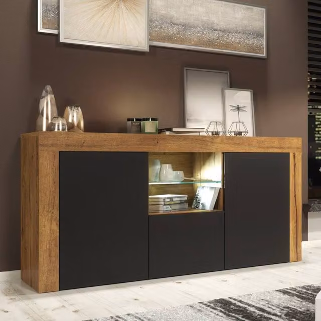 Mex Furniture LTD Aurora Sideboard in Dark Oak and Black Matt with Integrated LED Lighting, W: 145 cm, D: 35 cm, H: 70 cm – 1