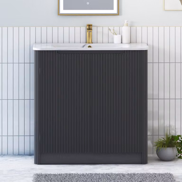 Royal Bathrooms Avenza 800mm Matt Obsidian Black Floor Standing 2 Door Vanity Unit with Carrara White Basin
