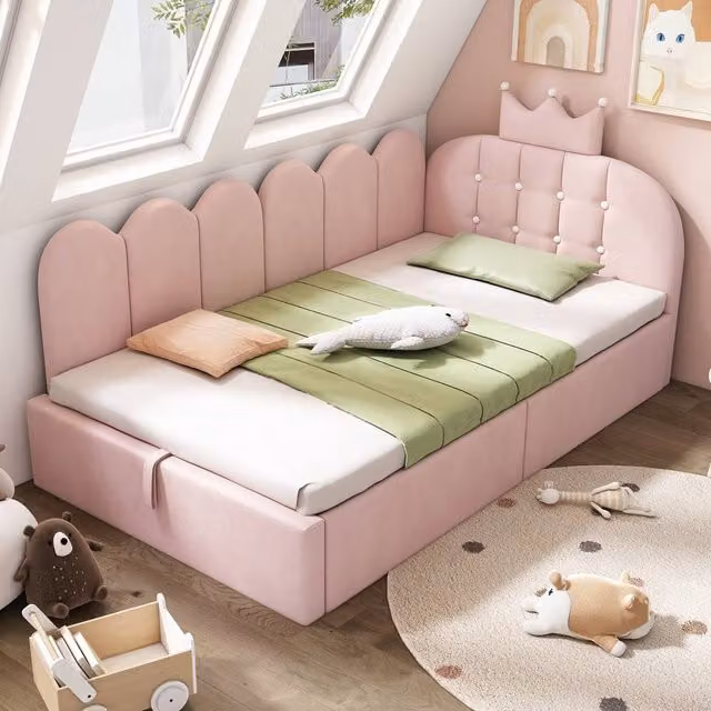 Rolipo Pink Velvet Crown Daybed with Hydraulic Storage W/D/H: 190 x 90 x 96 cm