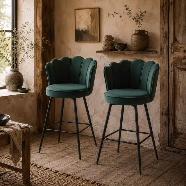 Wyld Haus Ralu Velvet Dark Green Lotus Bar Stools Set of 2 – 1