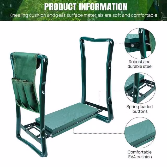VOGREX 2-in-1 Folding Garden Kneeler Seat Stool with Tool Bag, Green – 1