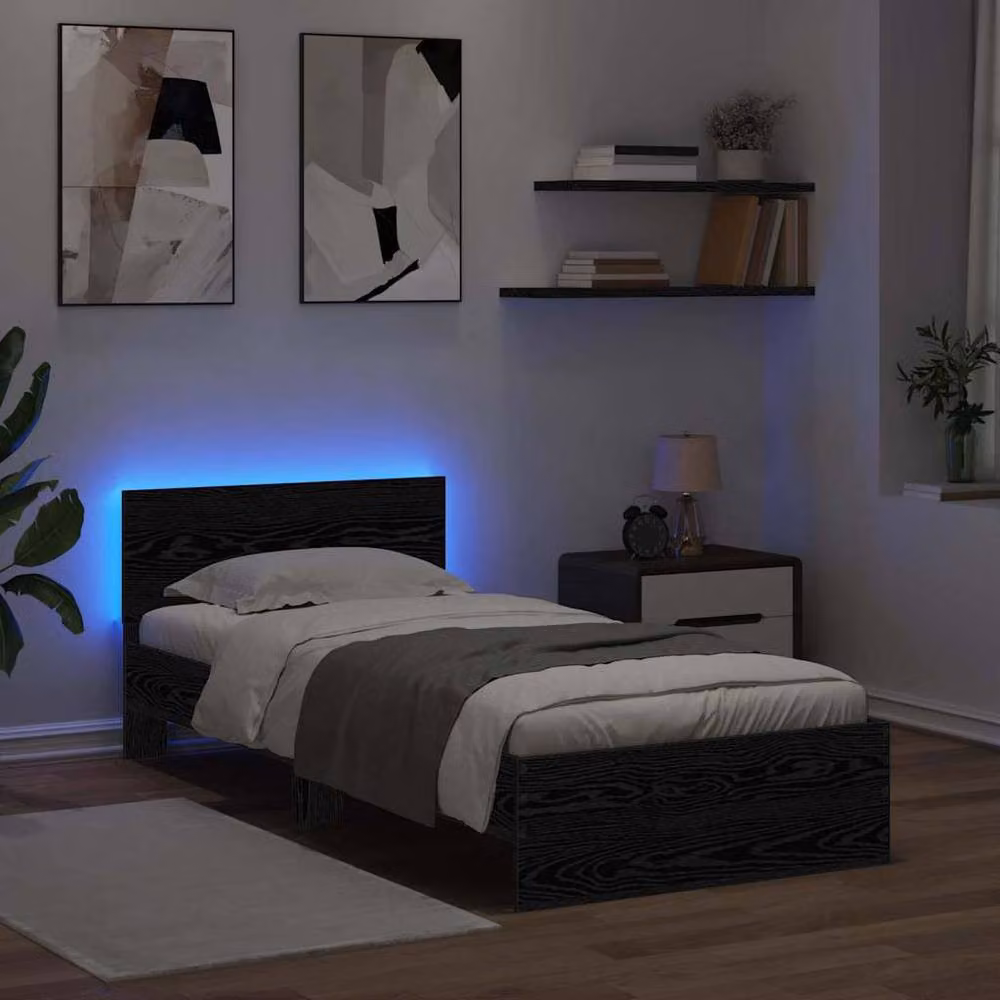Berkfield Home Modern Bed Frame with Headboard and Under-Bed Lighting in Black Oak, W/D/H: 100 x 200 cm, Engineered Wood – 4