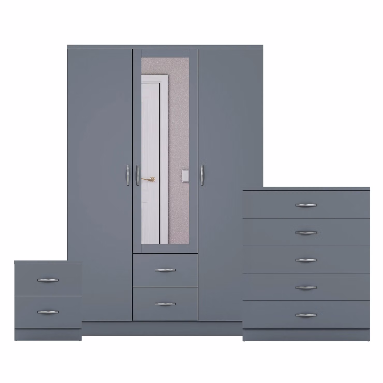 Vida Designs 3 Piece Grey Bedroom Set Including 2 Bedside Tables, 5 Drawer Chest and Mirror Wardrobe – 2