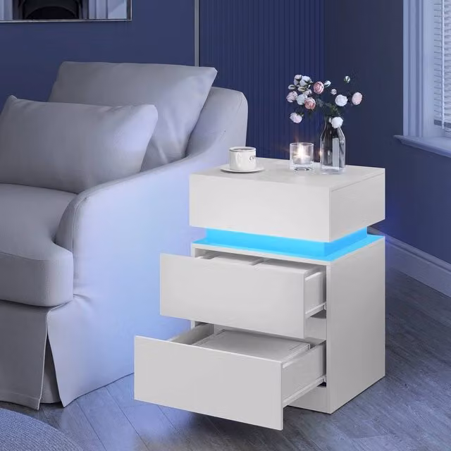 EONLION Modern Bedside Table with 2 Drawers and Integrated Lighting, White