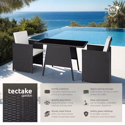 tectake Rattan Bistro Set with 2 Chairs and 1 Glass Top Table in Black – 2