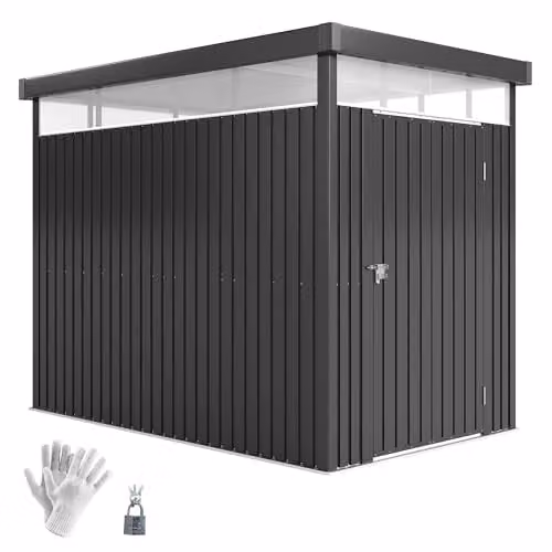 Outsunny Grey Galvanised Steel Garden Shed with Single Door, Windows and Roof Vent, W/D/H: 162 x 259 x 201 cm