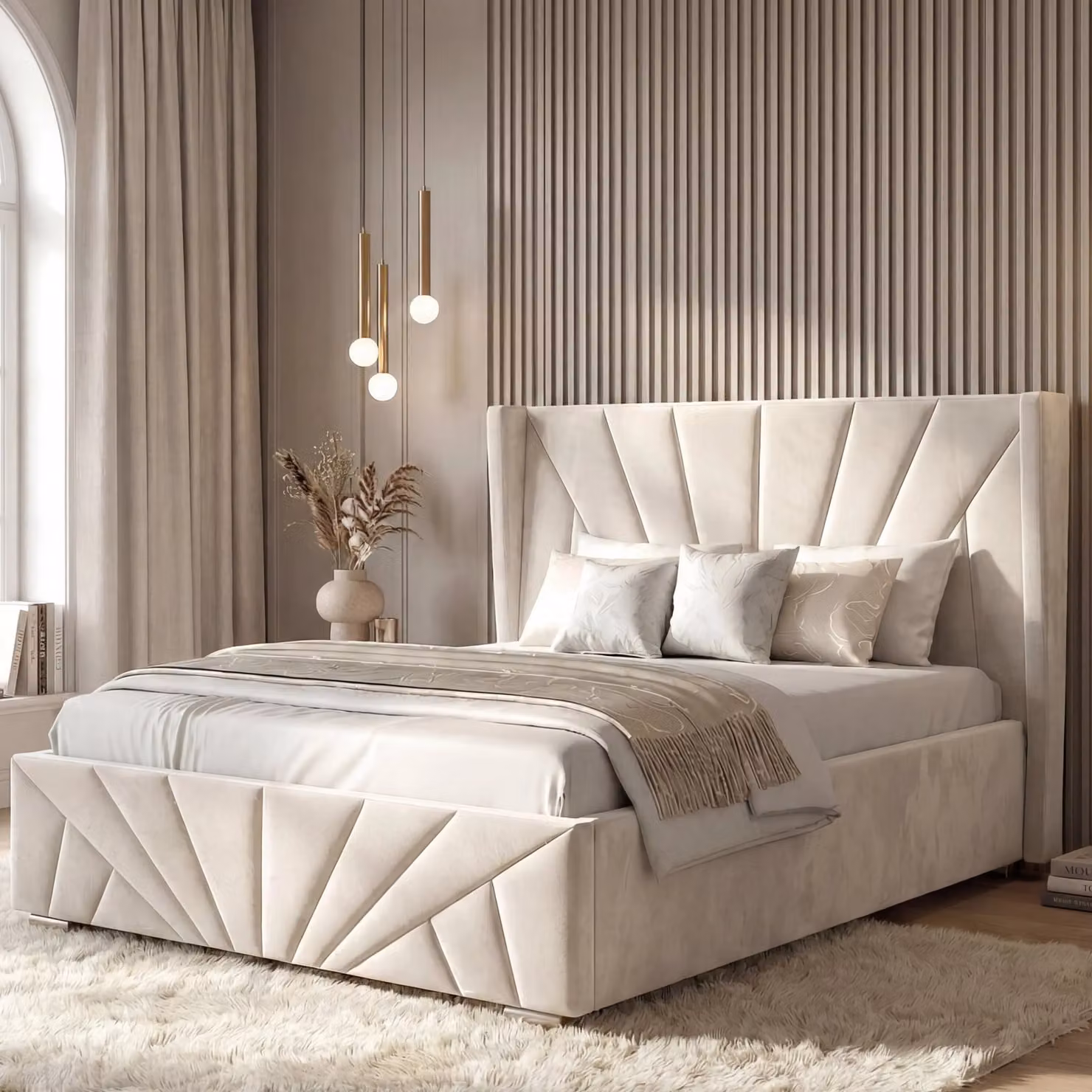 DHS Sunrise Velvet Ottoman Storage Bed Frame, Beige, W/D/H: 180 x 200 cm