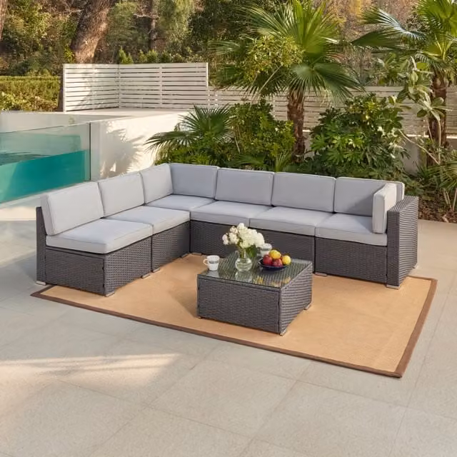 GRS Pisa Grey Modular Rattan Garden Sofa Set with Optional Fire Pit Table, W/D/H: 258 x 196 x 63 cm