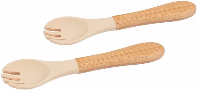 Tiny Dining Bamboo Baby Weaning Forks with Silicone Tips, Pack of 2, Beige and Yellow