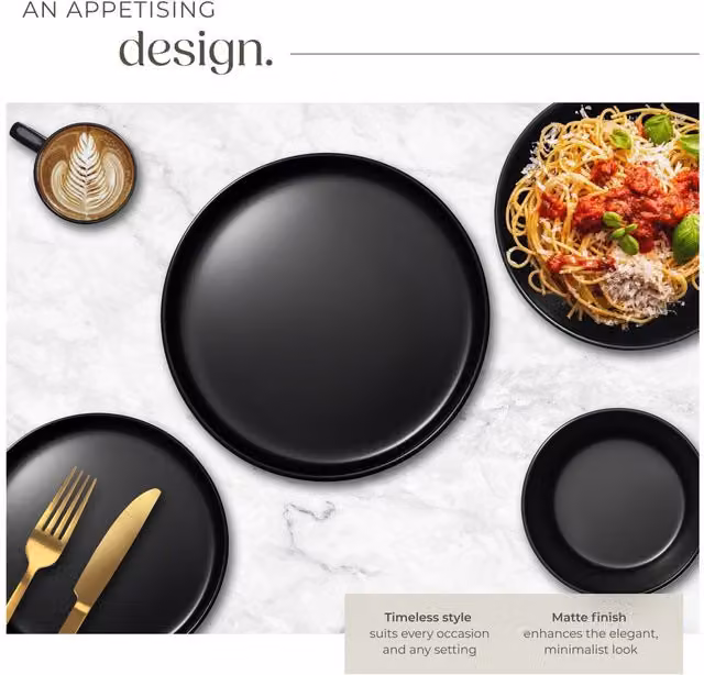 tectake Una 30-Piece Stoneware Dinnerware Set in Black