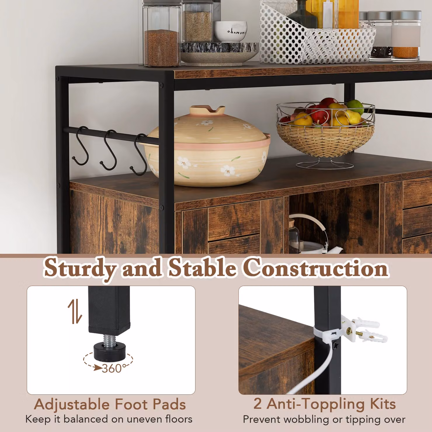 Costway Industrial Buffet Cabinet and Coffee Bar in Brown with 2 Doors and Adjustable Shelves – 5