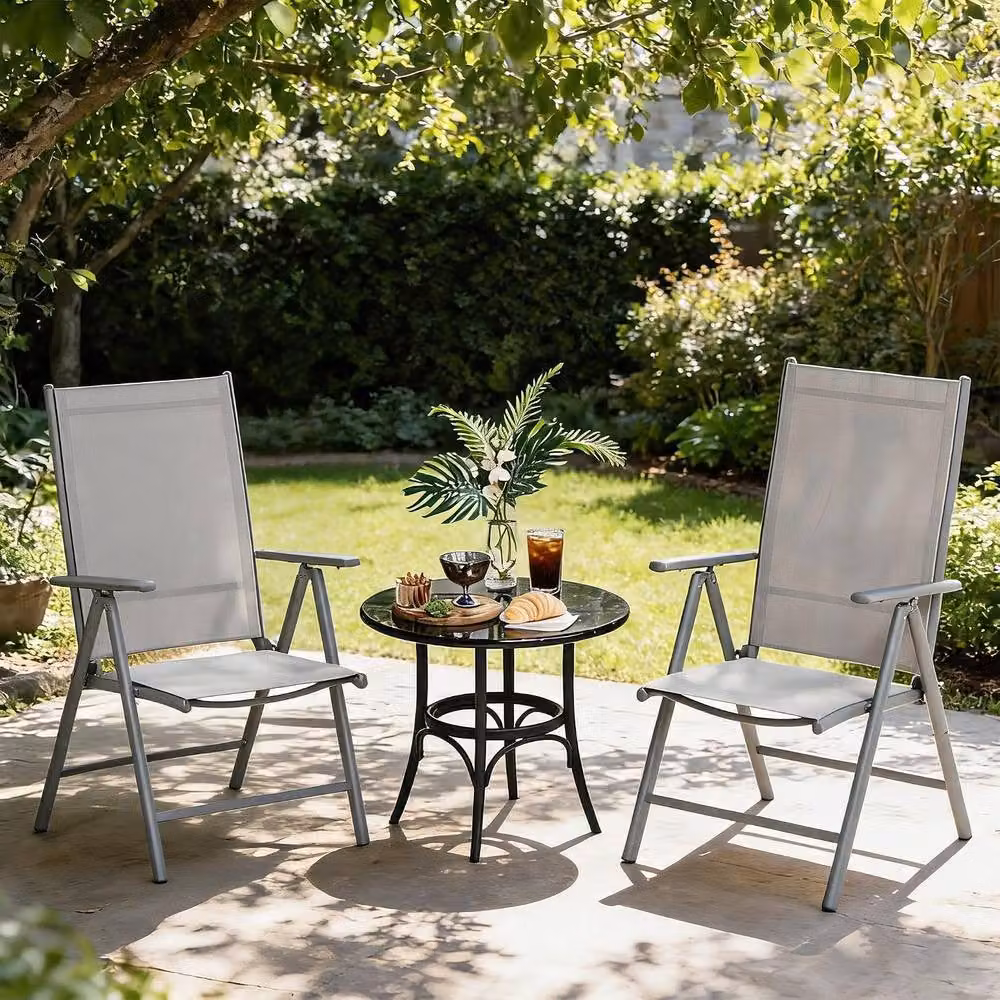 London Boutique 2-Piece Reclining Folding Patio Sun Loungers in Silver and Grey with 8-Position Adjustable Headrests and Armrests – 2