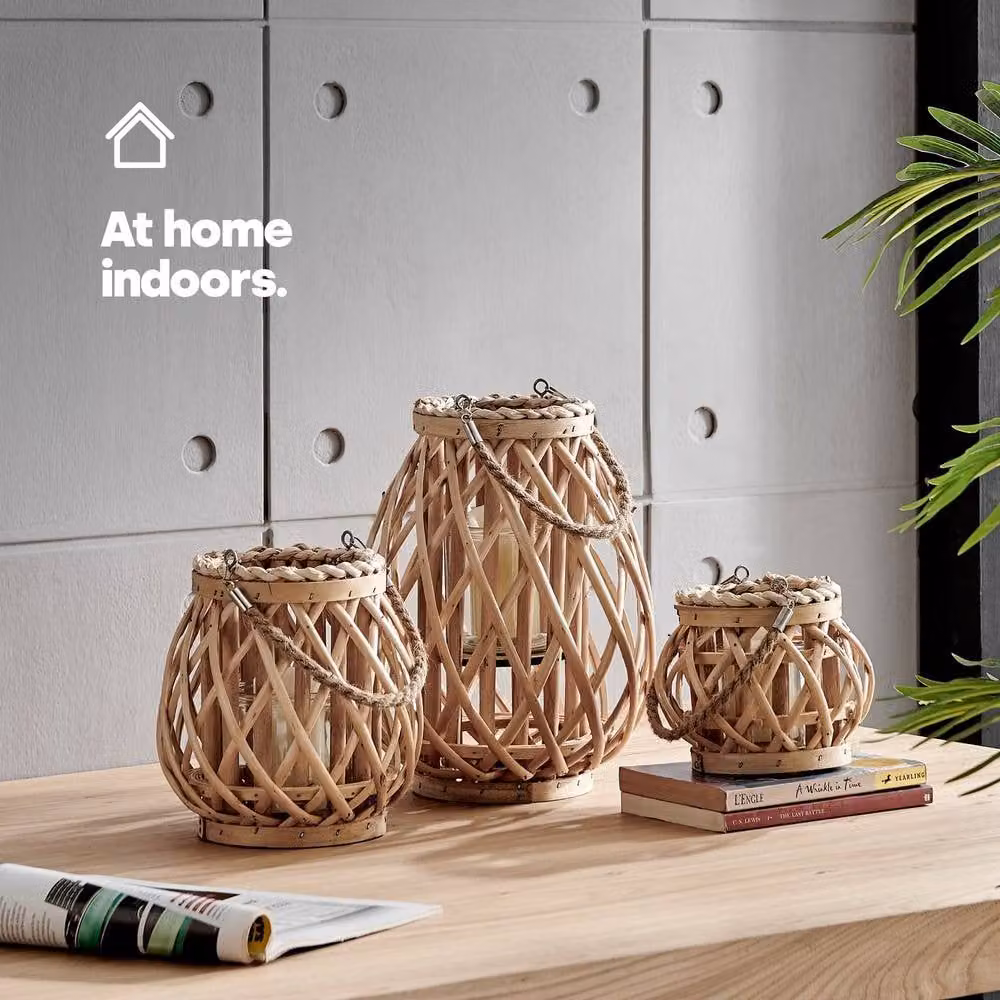 LIVIVO Set of 3 Rustic Wicker Candle Lanterns in Grey and Beige with Rattan and Glass Details – 1