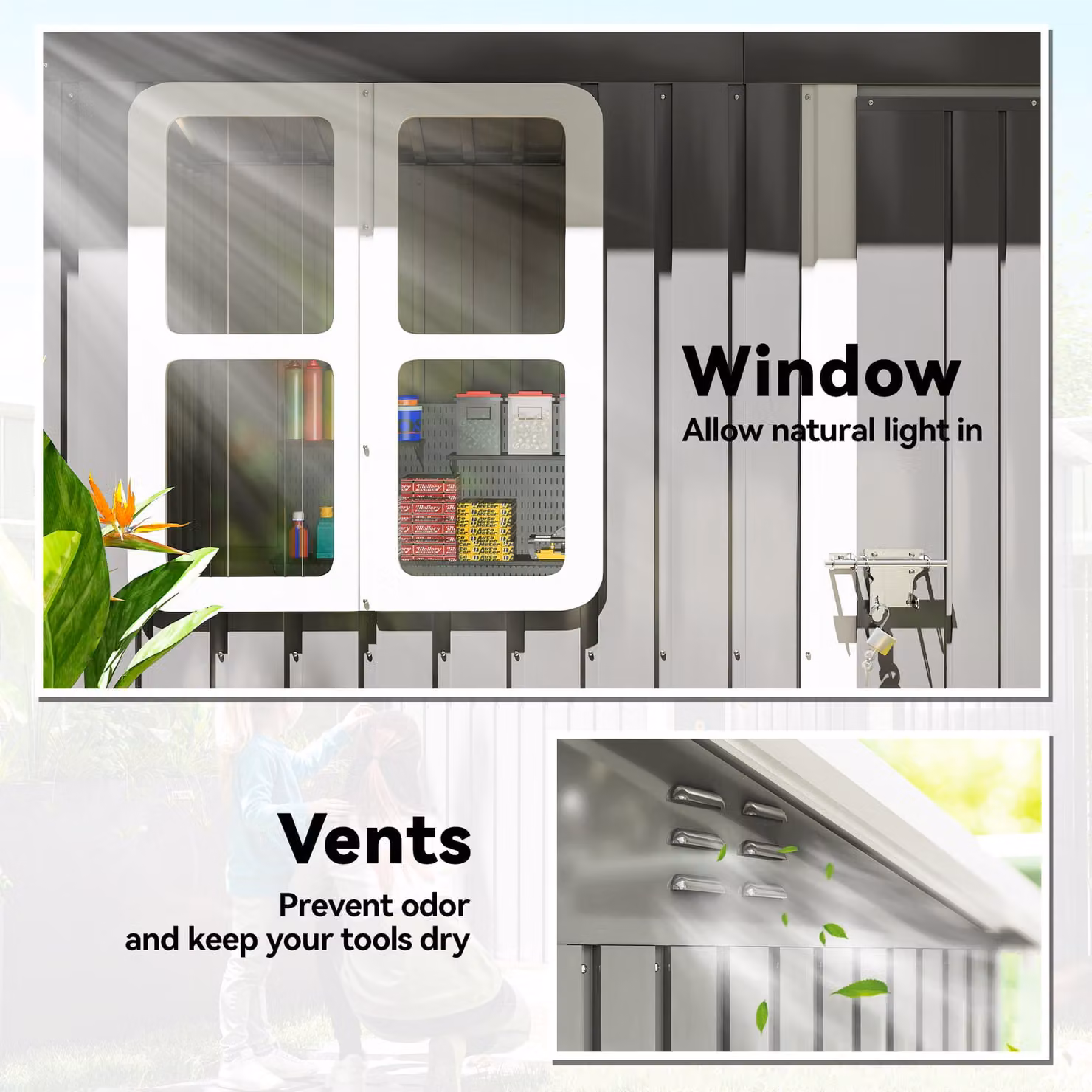Outsunny Eco-friendly Pent Garden Storage Shed with Galvanised Steel Frame, Window and Lockable Single Door, Dark Grey, W: 213.36 cm, D: 121.92 cm, H: 190.5 cm – 6