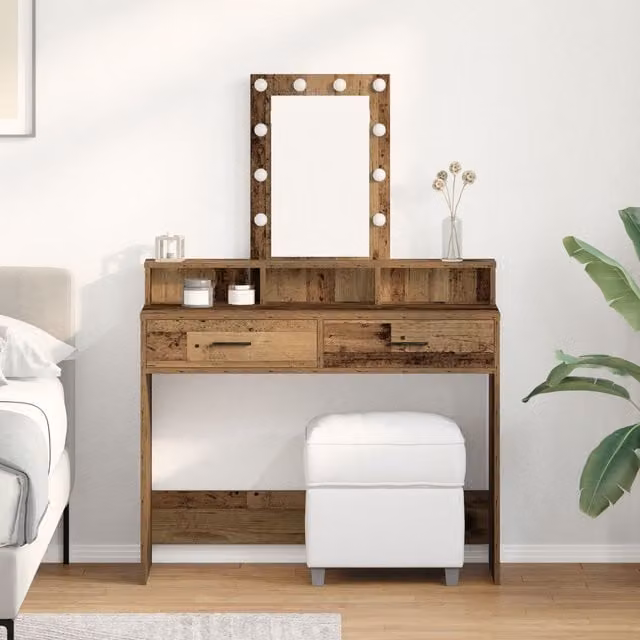Berkfield Home Vintage Wood Dressing Table with Hollywood LED Lights in Brown, W/D/H: 100 x 41 x 140 cm – 1