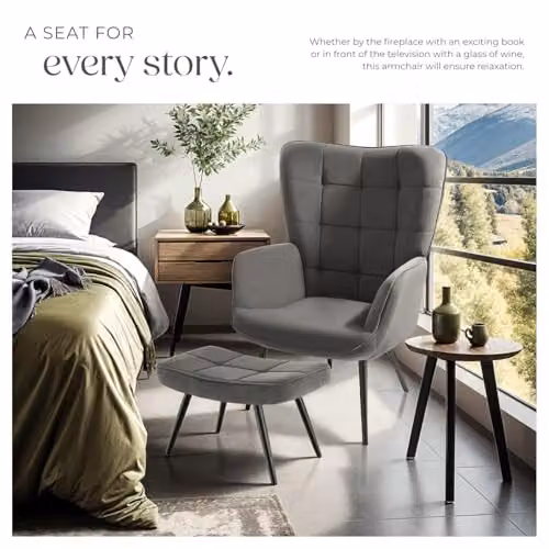 tectake Scandi Style Armchair with Integrated Footstool in Anthracite and Black Corduroy Fabric – 2