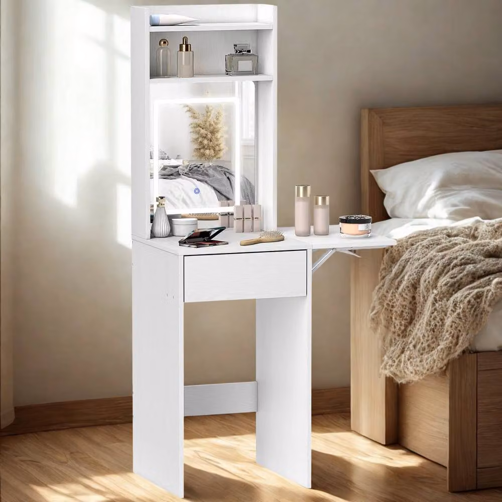 Pirlo Plush White Drop Leaf Dressing Table with 1 Drawer, Mirror and LED Lights, W/D/H: 152 x 45 x 45 cm – 2