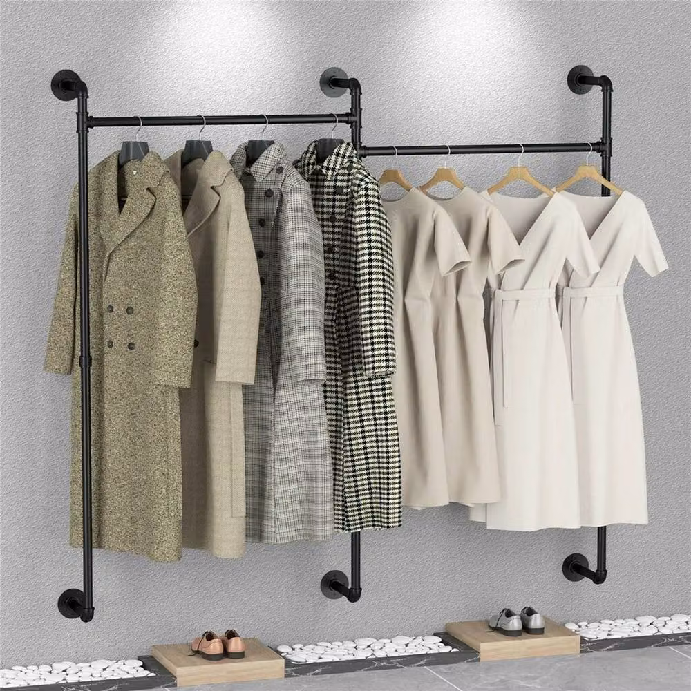 PAWNORA Industrial Matt Black Metal Clothes Rack and Wall Shelf – 3