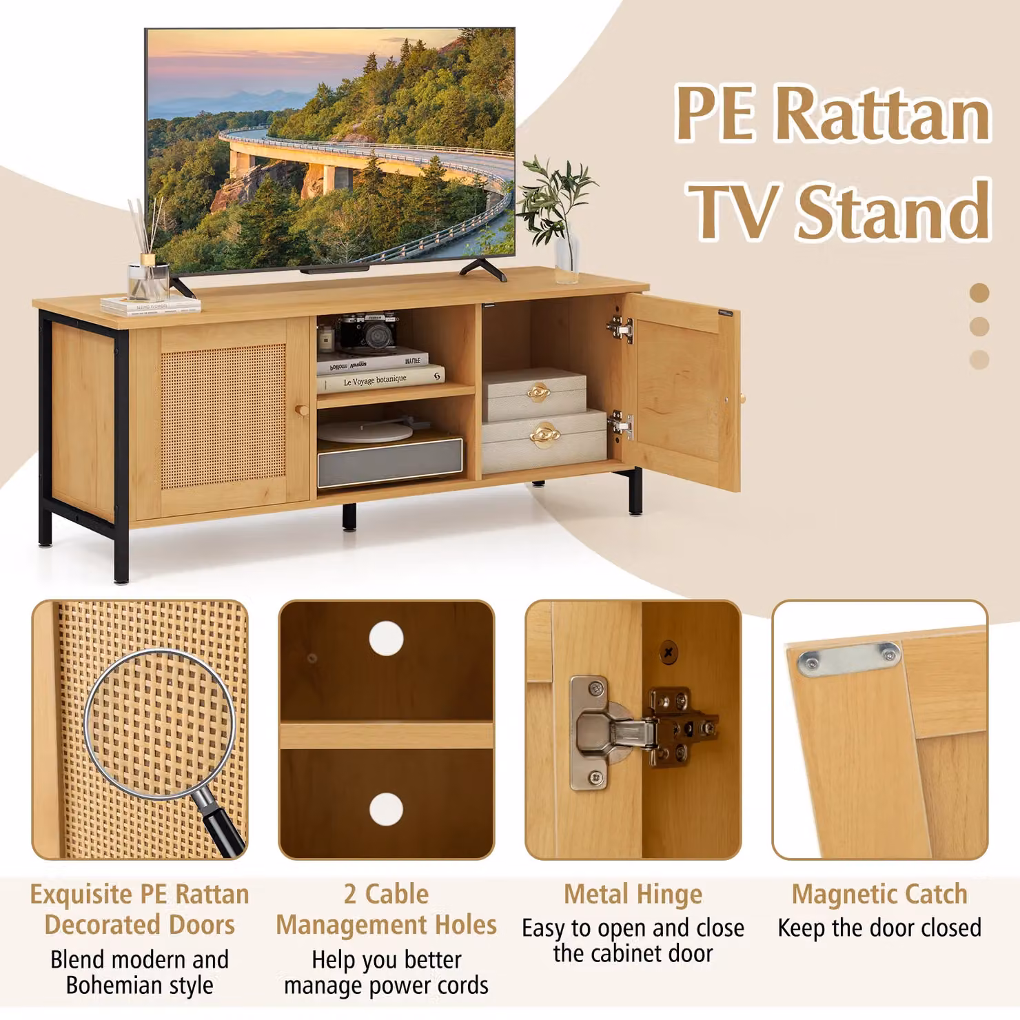 Gymax Boho PE Rattan Media Console Table for TVs up to 55 inch, Beige – 5