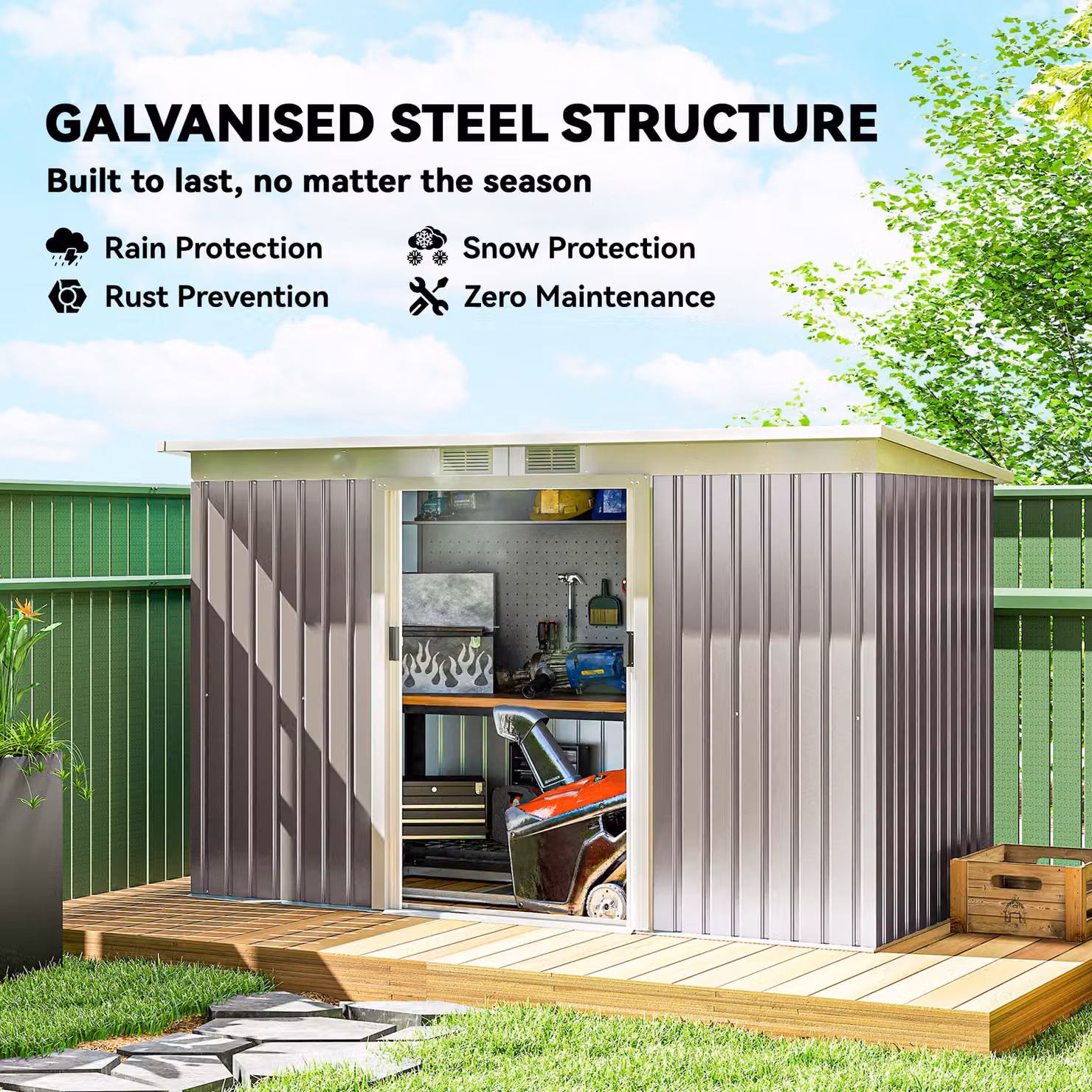 Outsunny Metal Pent Garden Storage Shed with Sliding Doors and Window, Grey, W/D/H: 274.32 x 116.0 x 158.0 cm – 4