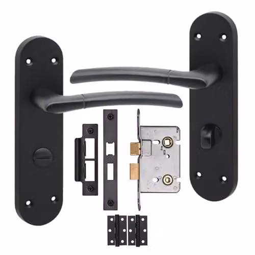 Golden Grace Long Backplate Victorian Bathroom Door Handle Set in Matt Black Zinc Alloy