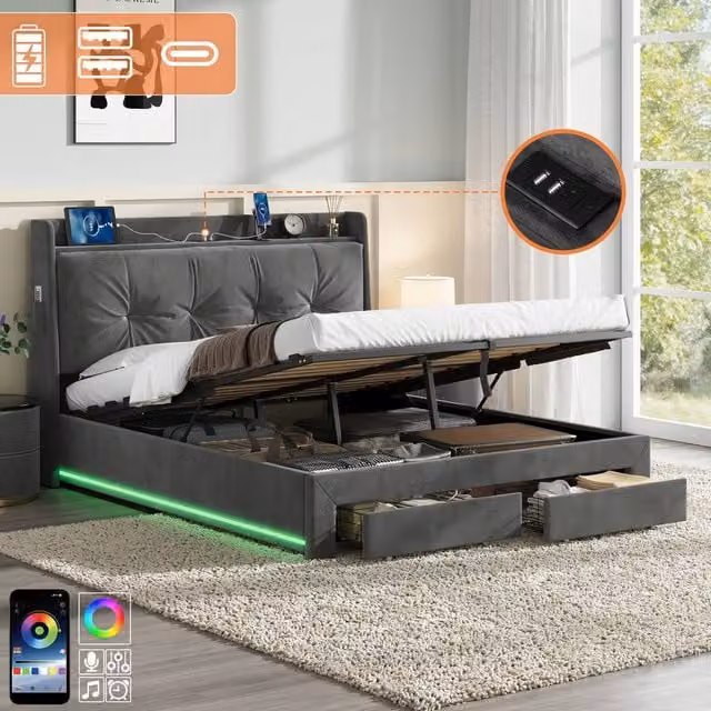 Rolipo Grey Velvet Double Ottoman Bed Frame with LED Lighting, Drawers and USB Ports, W/D/H: 140 x 200 cm – 1