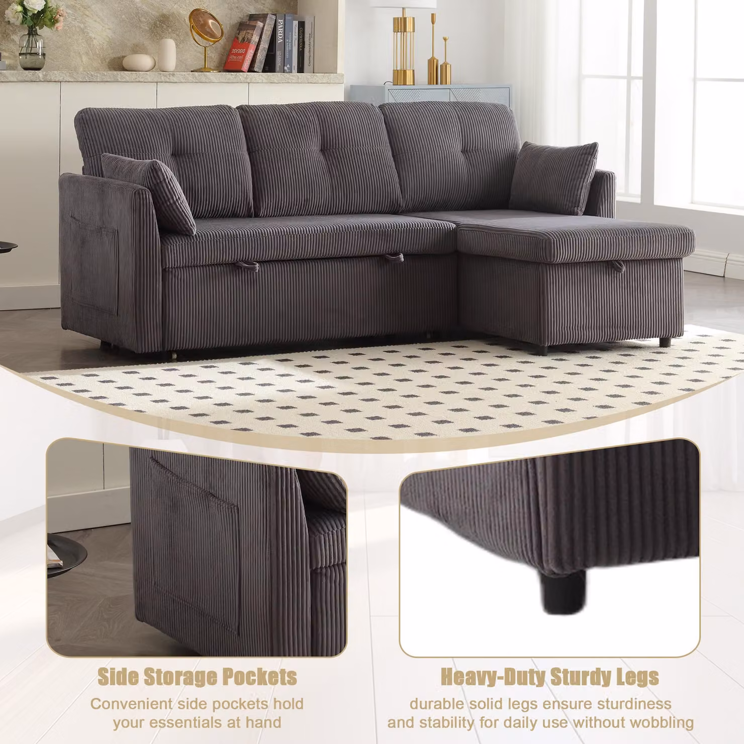 GOMYWAY L-Shaped Sectional Sleeper Sofa with Storage Chaise and Corduroy Upholstery, Charcoal Grey, W: 206 cm, D: 130 cm, H: 88 cm – 5