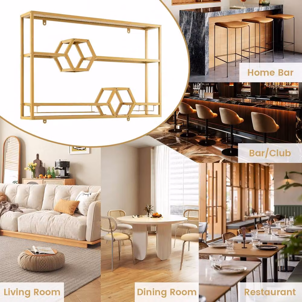 Costway Modern Gold Floating Bar Shelves, Wall Mounted Decorative Bottle Display Storage – 5