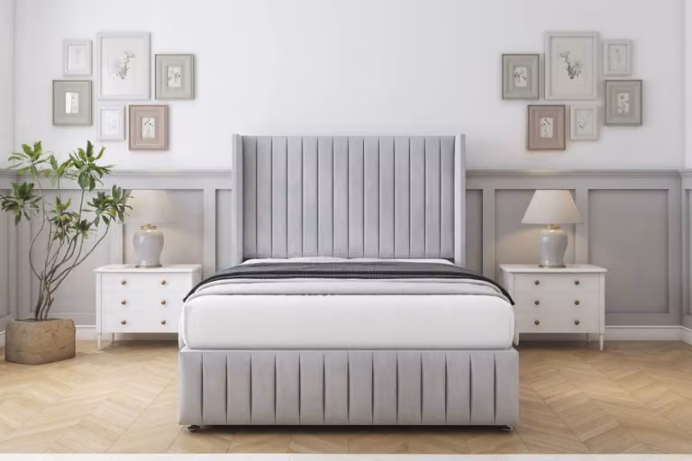 Sloomy Marlborough Naples Divan Set in Silver with Wingback Headboard and Footboard, W/D/H: 180 x 200 cm