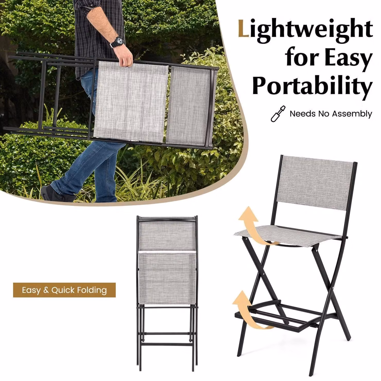 Costway Set of 4 Grey Metal Folding Outdoor Bar Height Stools with Footrest – 2