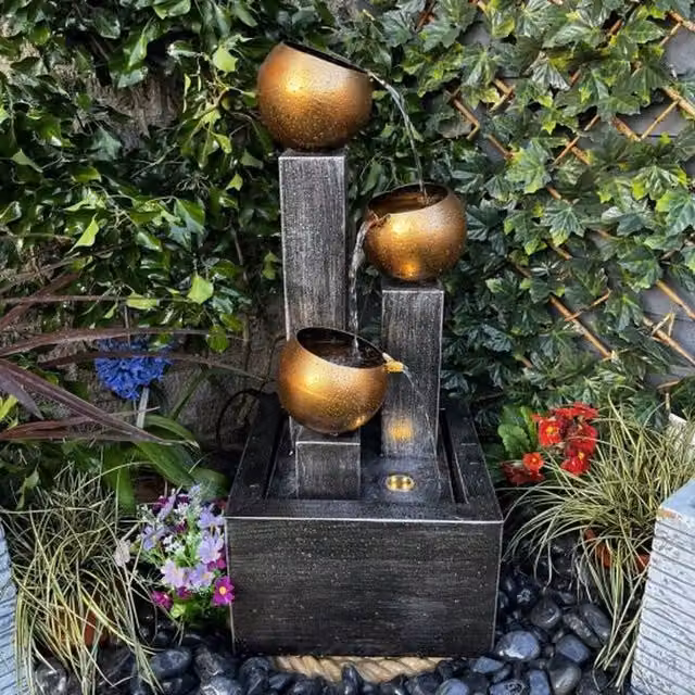 Tranquility Modern Metal Solar Water Feature with Three Round Grey Copper Bowls - Tabletop Cascade