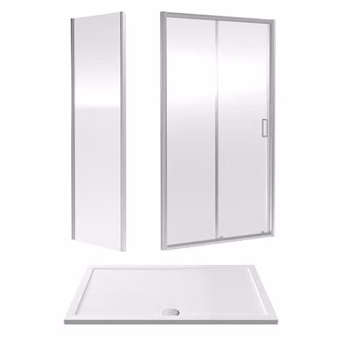 Balterley Sliding Shower Door with Side Panel and Square Shower Tray, 6mm Toughened Safety Glass, Chrome and White – 1