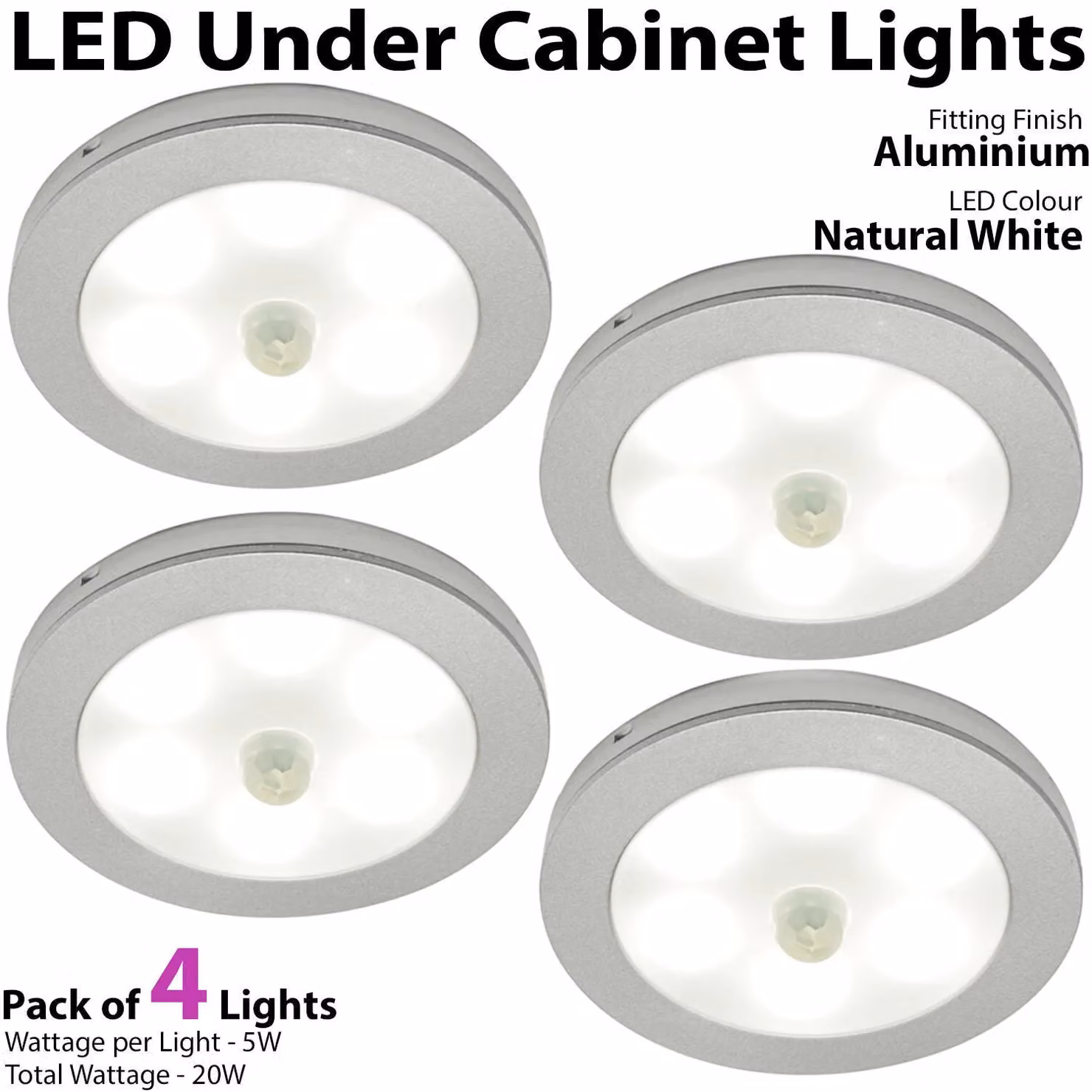 Loops 4x Aluminium Ultra-Slim Round Under Cabinet Kitchen Light and Driver Kit with Motion Sensor in Silver and White – 2