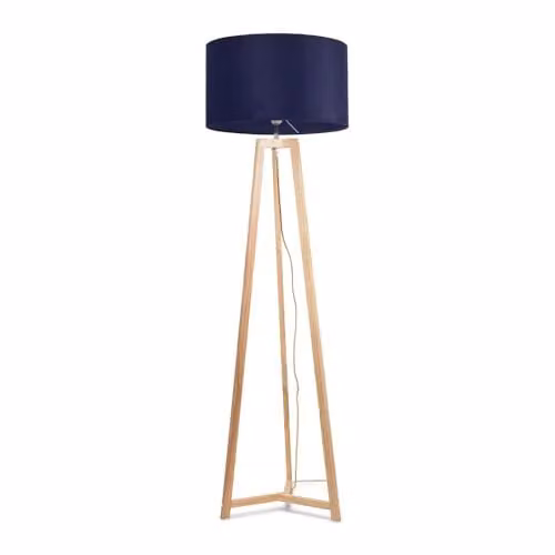ValueLights Lottie Natural Wood Tripod Floor Lamp with Blue Fabric Drum Shade, H 148 cm x W 45 cm x D 45 cm