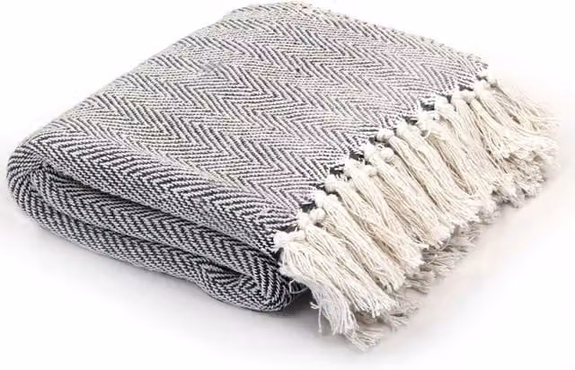 Berkfield Home Cotton Herringbone Woven Throw with Fringes, Blue, W: 220 cm, D: 250 cm
