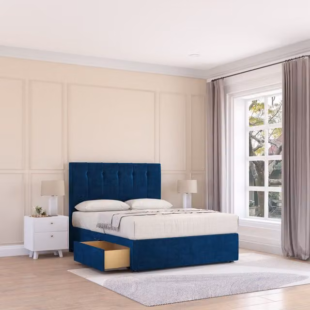 Sloomy Highbury Double Divan Bed Base and Floor Standing Headboard in Blue Velvet, W/D/H: 140 x 200 cm