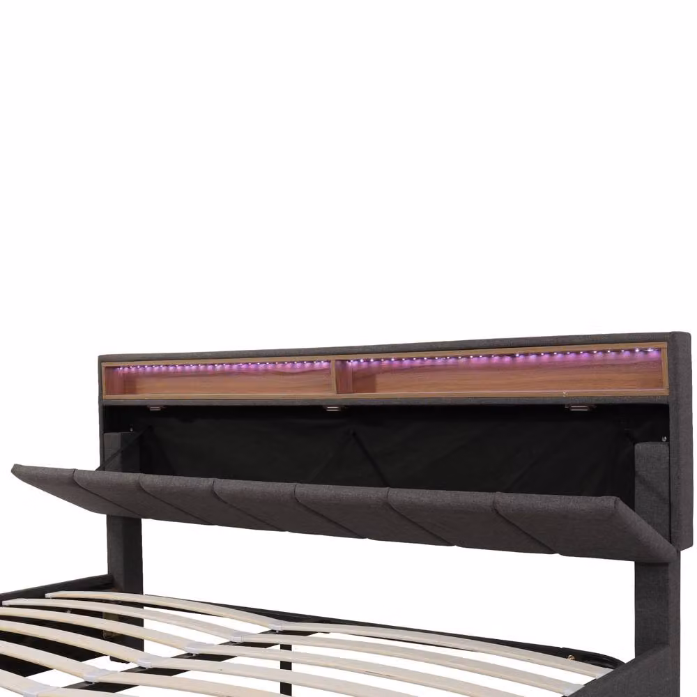 Merax Grey Super King LED Ottoman Storage Bed with Upholstered Fabric Frame and Under-bed Lighting W/D/H: 180 x 200 x 90 cm – 6