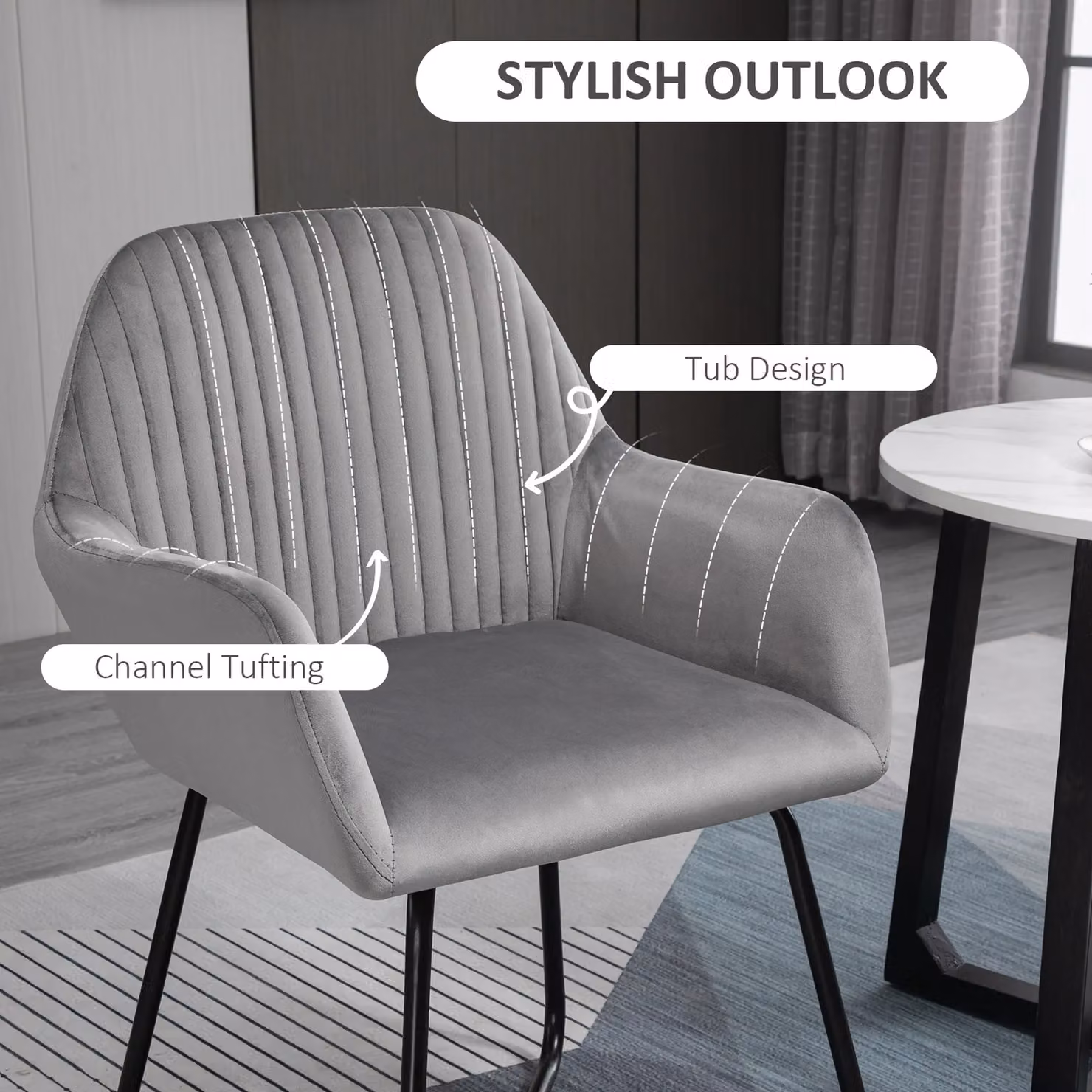 HOMCOM Set of 2 Modern Velvet Upholstered Lounge Armchairs in Grey with Metal Frame – 3