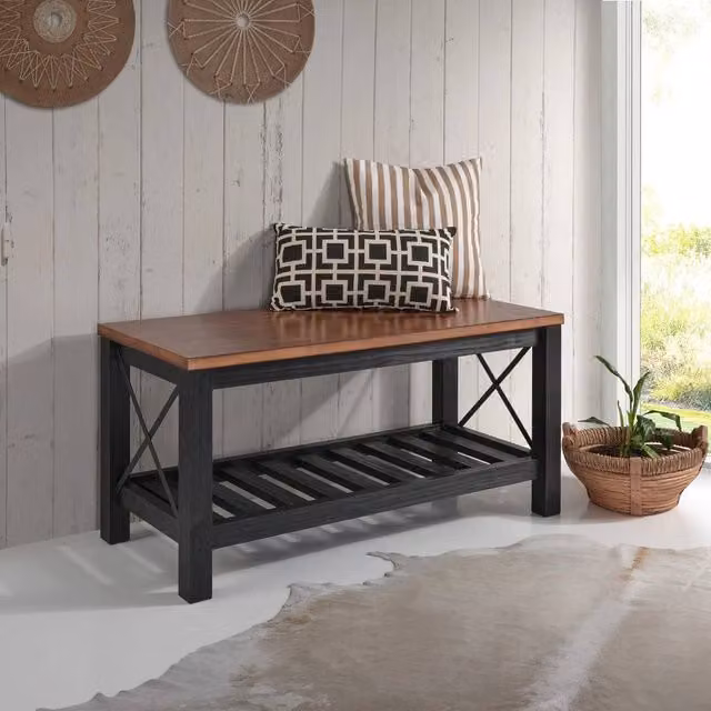 FORGEVIO Cottage Bench Shoe Rack, Black Painted Pine with Brown Slatted Storage Shelf – 1