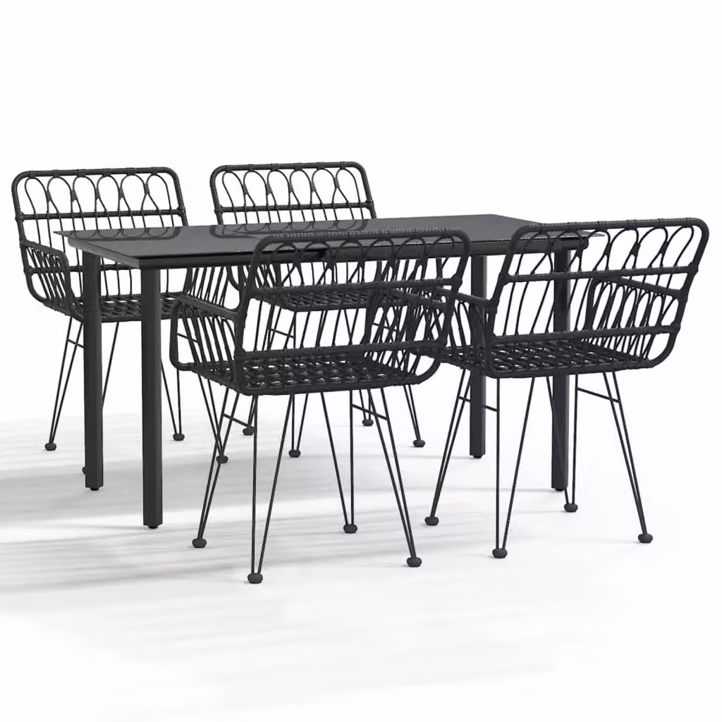 Berkfield Home 5 Piece Black Poly Rattan Garden Dining Set with Glass Top Table – 2