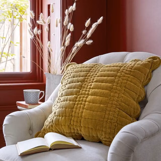 Laura Ashley Brady Scalloped Velvet Filled Cushion, Yellow, W/D/H: 45 x 45 x 45 cm