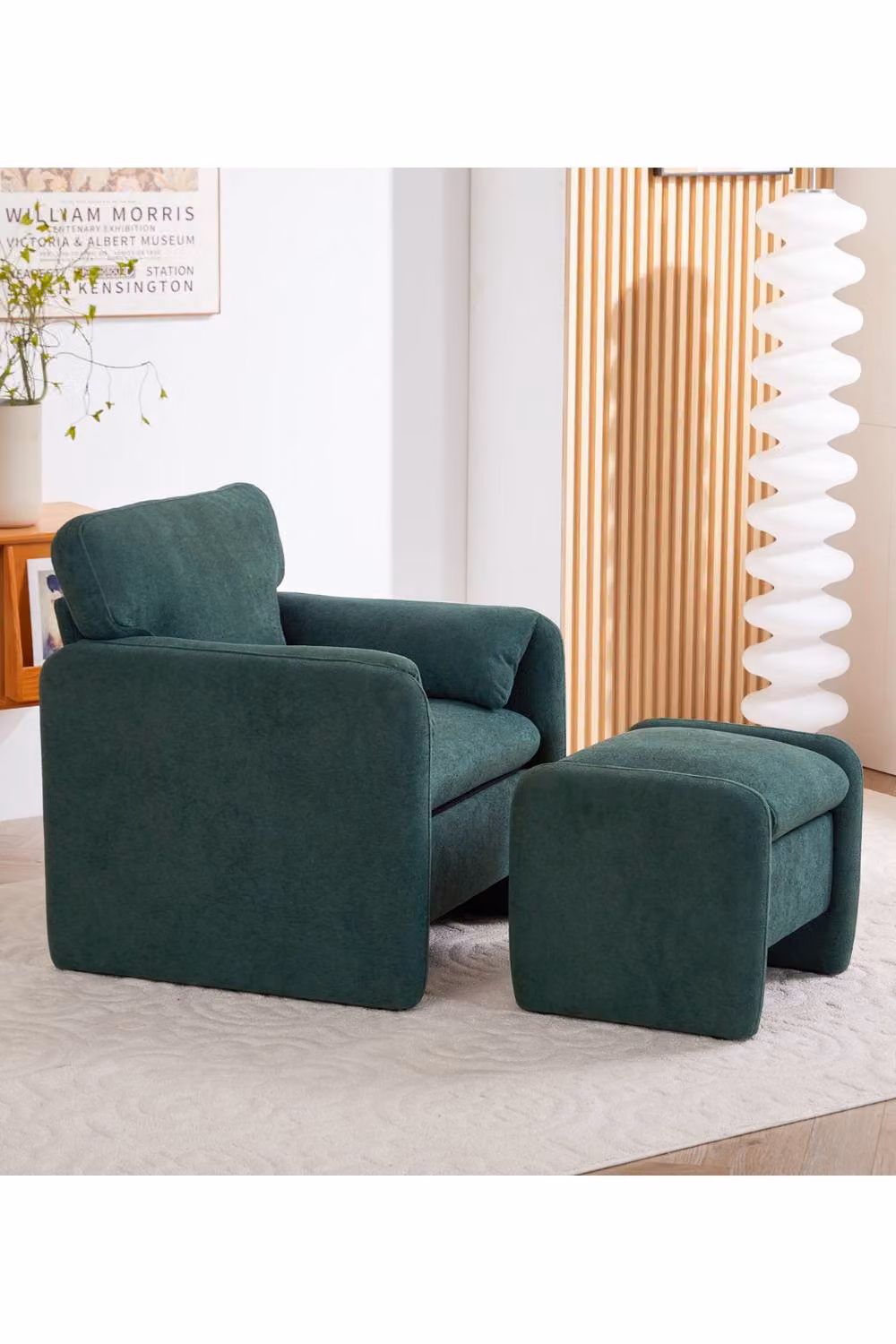 Living and Home Green Chenille Upholstered Armchair with Footstool – 2
