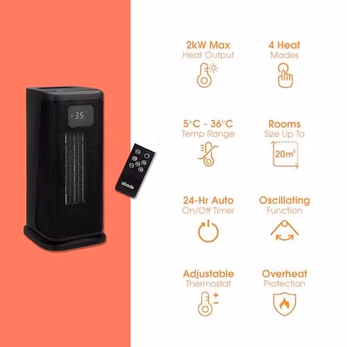 Abode 2000W Ceramic Fan Heater, Black, Freestanding – 8