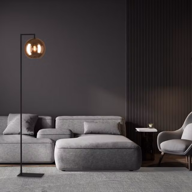 Eglo Cordoba Modern Floor Lamp in Black and Copper with Transparent Glass Sphere