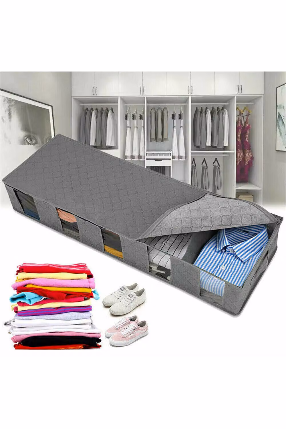 Living and Home Non-woven Fabric Underbed Clothes Organiser Storage Bags with Handles and Zippers, Grey – 2