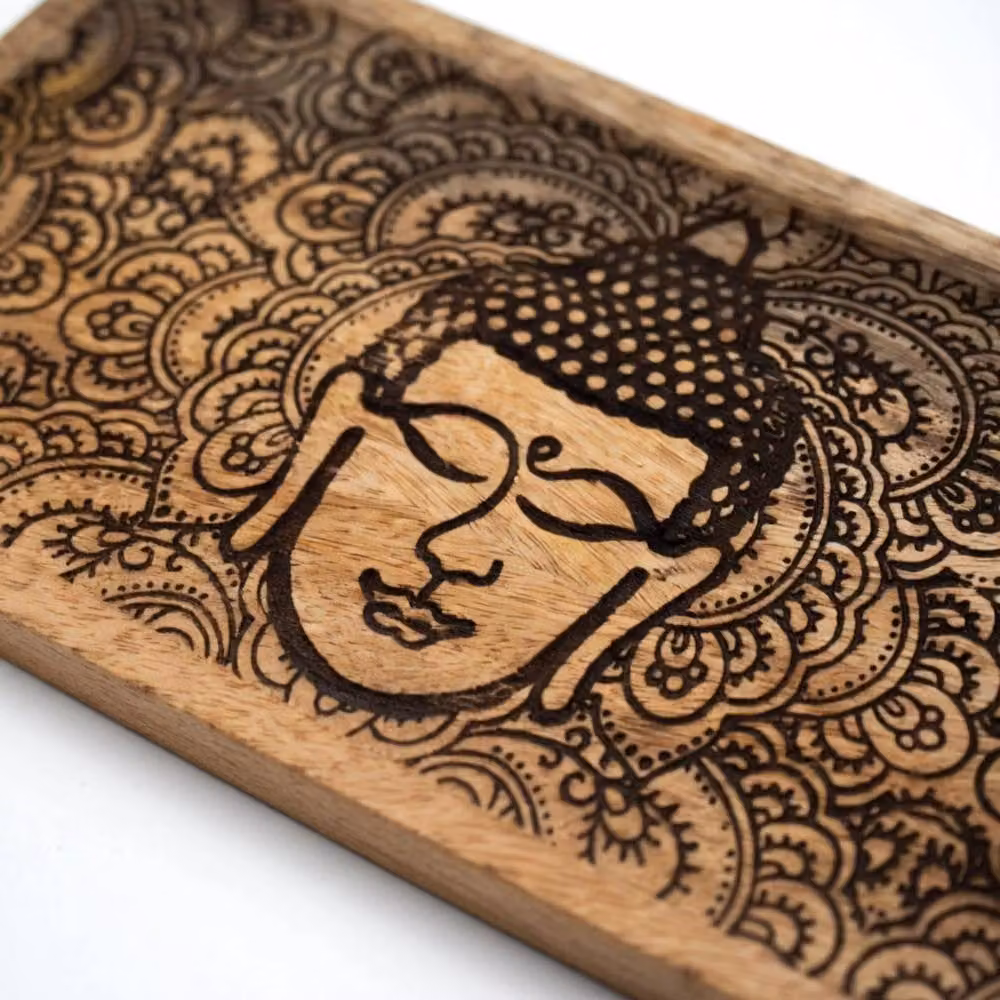 KDMD Rectangular Wooden Long Tray with Black and Brown Buddha Face Engraving, W/D/H: 30 x 15 x 2.5 cm – 2