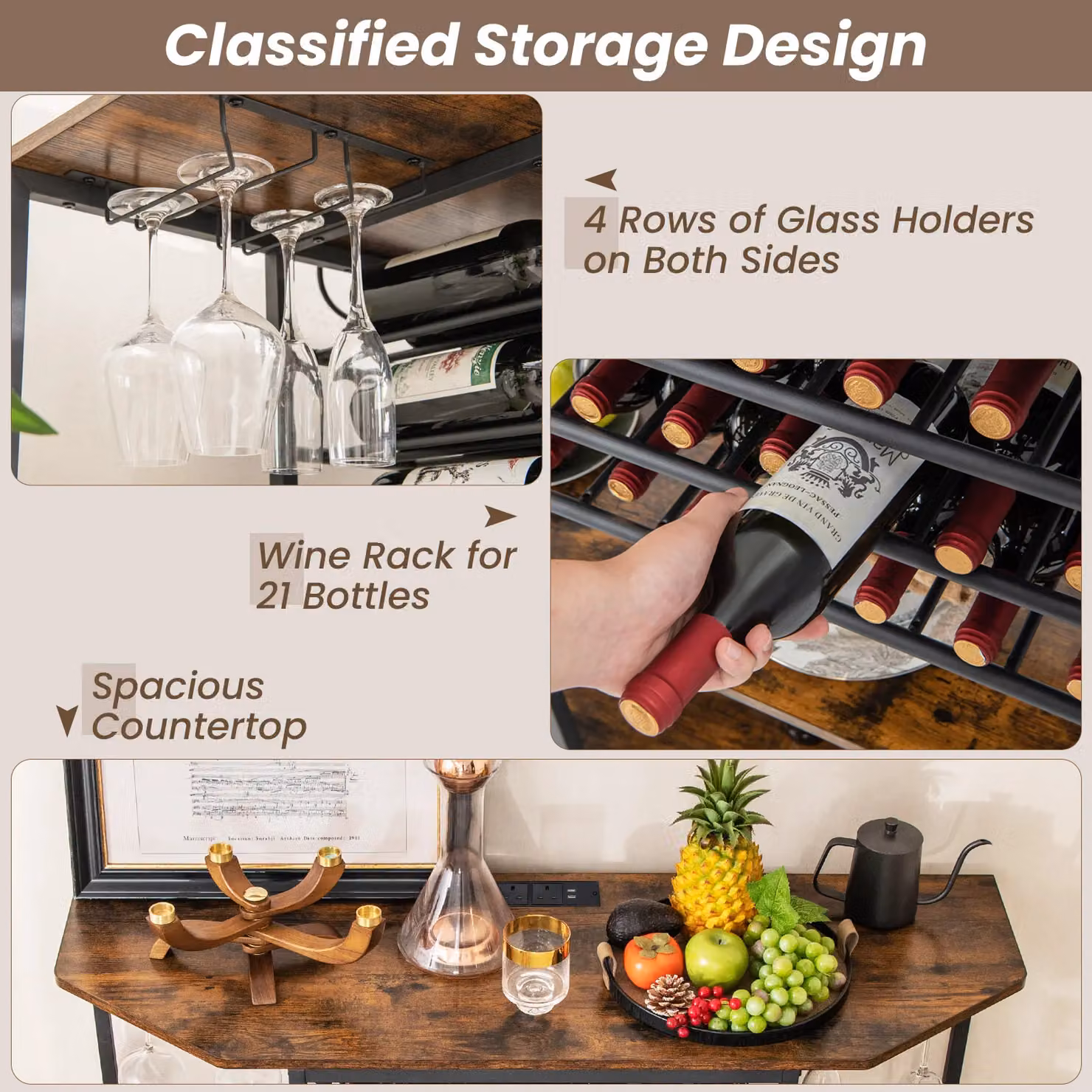 Costway 3 Tier Industrial Wine Bar Cabinet with Storage Shelves and Glass Holder in Brown – 4