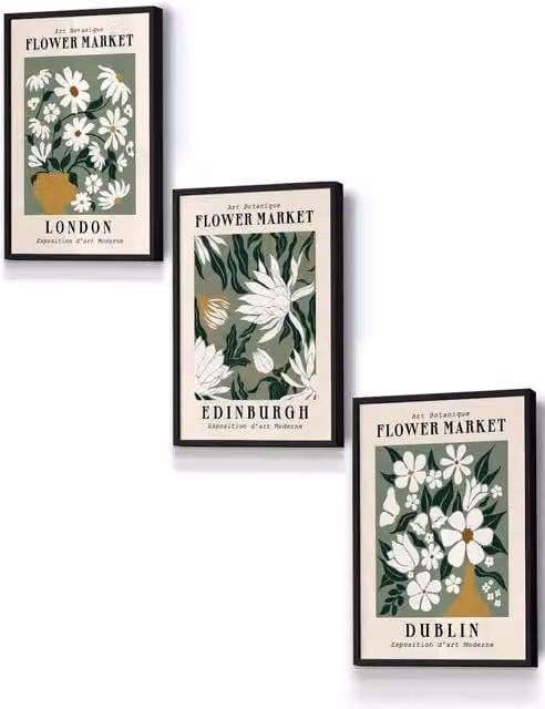 ARTZE Green Flower Market London Edinburgh Dublin Framed Wall Art, Black, W: 33 cm, H: 45 cm, D: 0.2 cm