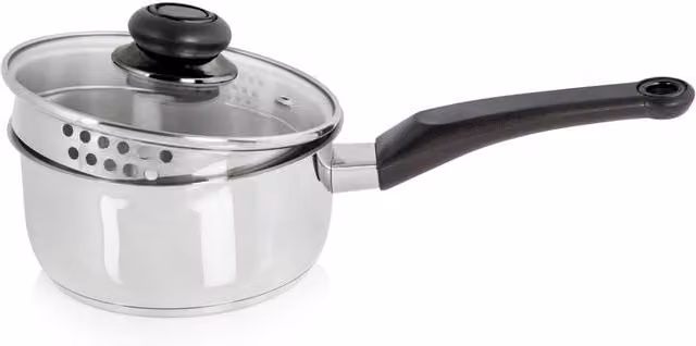 Swan Townhouse 16cm Stainless Steel Saucepan with Glass Lid and Pouring Spout in Silver – 1